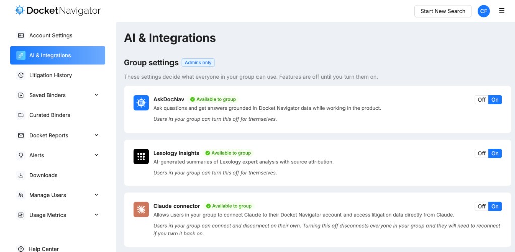Turn on the Claude connector under Group settings on the AI & Integrations page
