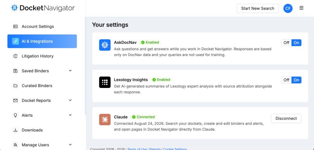 Claude connector card under Your settings on the AI & Integrations page when connected